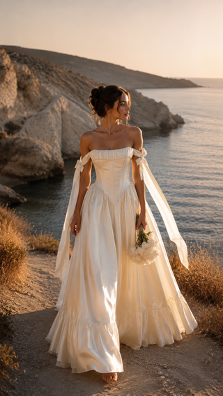 Wedding dress with a corset bodice, dropped straps, and a full skirt