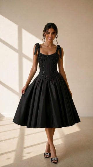 Black Beaded Taffeta Corset & Skirt Set