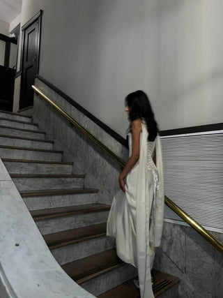 Satin corset with a straight long skirt — a classic wedding set made of thick satin, lace-up corset with internal boning