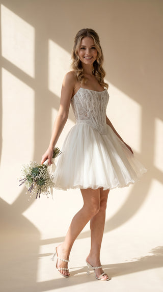 Embroidered Bridal Corset & Short Silk Chiffon Skirt Set