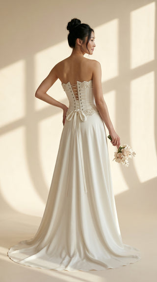 Ivory Wedding Corset with Boning, Satin Lace-Up Bridal Corset Set with Embroidery