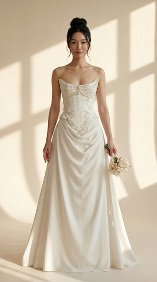 Ivory Wedding Corset with Boning, Satin Lace-Up Bridal Corset Set with Embroidery