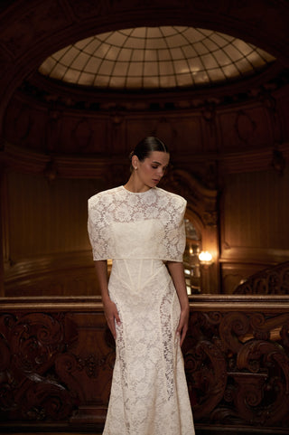 Long Ivory Lace Bridal Gown with Detachable Cape