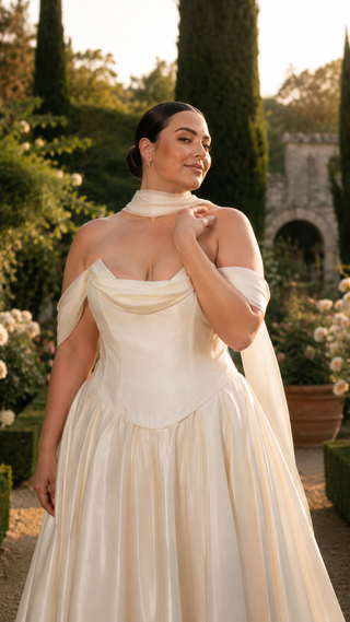 Plus Size. Wedding set with a lace-up corset with dropped sleeves made of chiffon and a fluffy A-line skirt with a long train and a loop for the arms