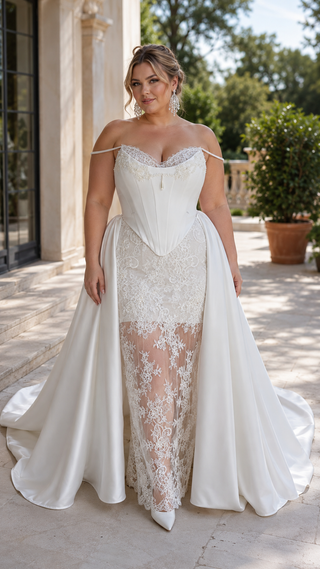 Plus size. Lace and satin set with detachable train