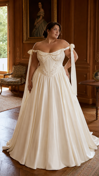 Plus size. Taffeta set with embroidered corset and adjustable skirt — corset with ribbon straps and skirt with removable petticoat