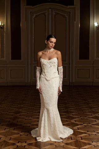 Ivory Lace Bridal Corset & Skirt Set with Detachable Sleeves