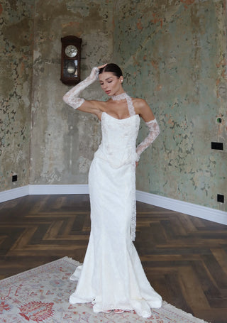 Ivory Lace Bridal Corset & Skirt Set with Detachable Sleeves