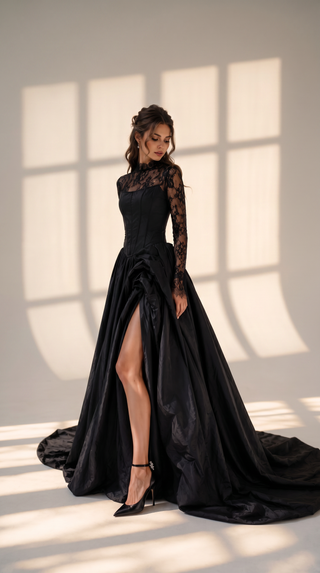 Sculptural taffeta gown with delicate lace detailing and dramatic train
