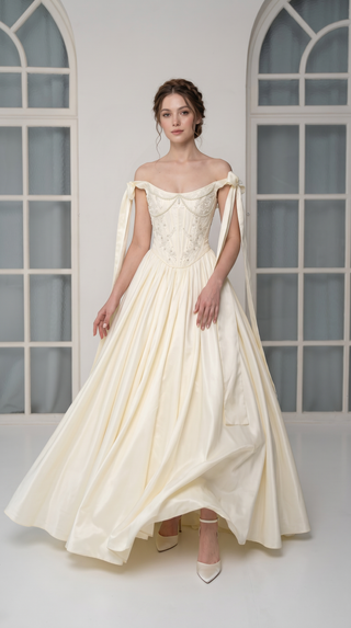 Taffeta set with embroidered corset and adjustable skirt — corset with ribbon straps and skirt with removable petticoat