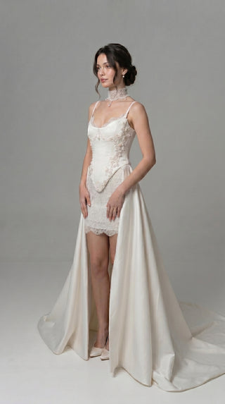 Lace and satin set with detachable train — satin corset with embroidery on lacing with metal bones - designer piece by Caribis
