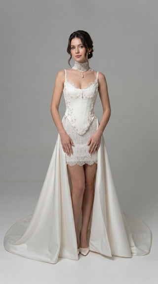 Lace and satin set with detachable train — satin corset with embroidery on lacing with metal bones