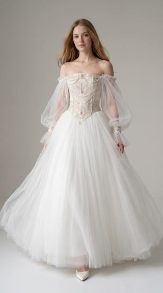 Set with embroidered corset and fluffy mesh skirt — corset with V-neck and removable sleeves