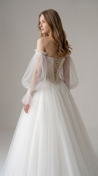 Set with embroidered corset and fluffy mesh skirt — corset with V-neck and removable sleeves - designer piece by Caribis