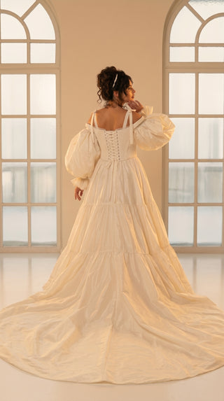 Taffeta dress with a full skirt and removable corset — model with a train and detachable sleeves