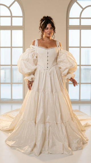 Taffeta dress with a full skirt and removable corset — model with a train and detachable sleeves