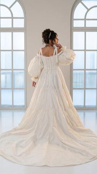 Taffeta dress with a full skirt and removable corset — model with a train and detachable sleeves - designer piece by Caribis