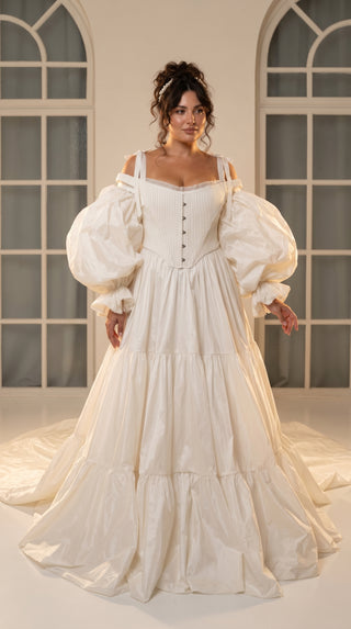 Taffeta dress with a full skirt and removable corset — model with a train and detachable sleeves
