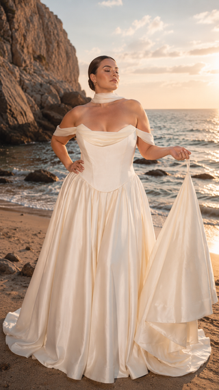 Plus Size. Wedding set with a lace-up corset with dropped sleeves made of chiffon and a fluffy A-line skirt with a long train and a loop for the arms