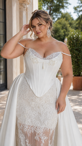 Plus size. Lace and satin set with detachable train