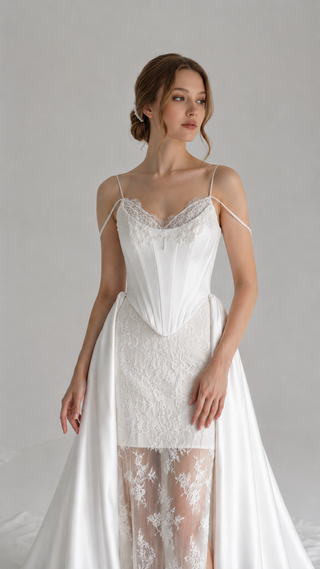 Lace and satin set with detachable train