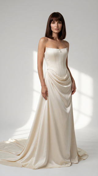 Satin corset with rounded bottom and A-line skirt — open corset without straps with draped skirt with train