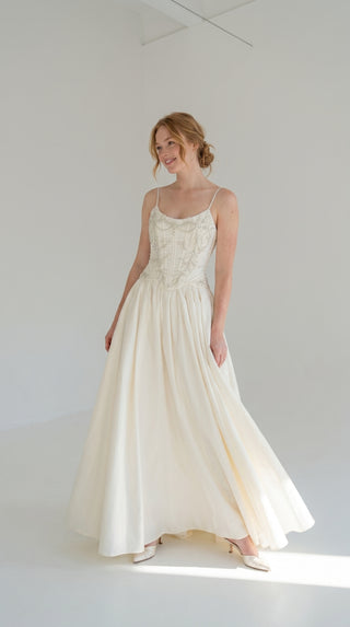 Wedding set with embroidered bead and pearl corset and slit skirt