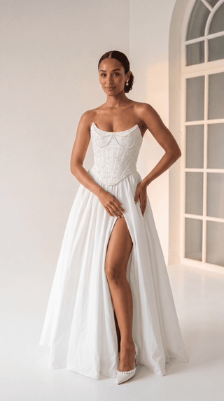 Wedding set made of taffeta — beaded corset and skirt with slit