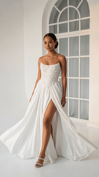 Wedding set made of taffeta — beaded corset and skirt with slit - designer piece by Caribis