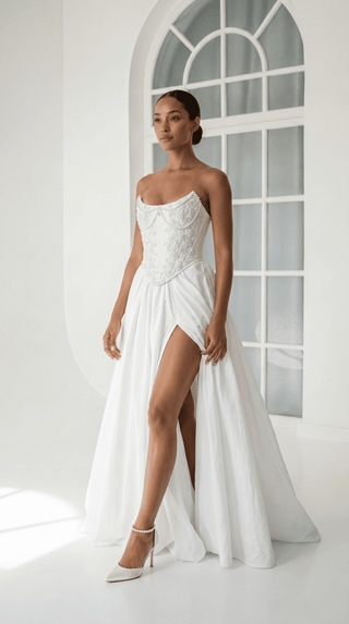 Wedding set made of taffeta — beaded corset and skirt with slit
