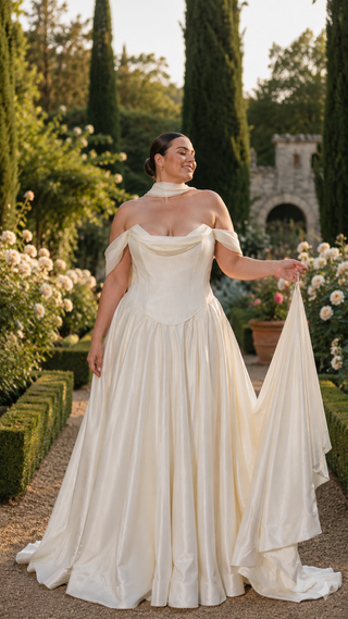 Plus Size. Wedding set with a lace-up corset with dropped sleeves made of chiffon and a fluffy A-line skirt with a long train and a loop for the arms