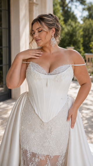 Plus size. Lace and satin set with detachable train