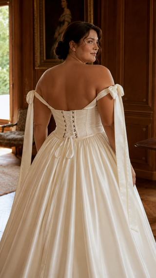 Plus size. Taffeta set with embroidered corset and adjustable skirt — corset with ribbon straps and skirt with removable petticoat