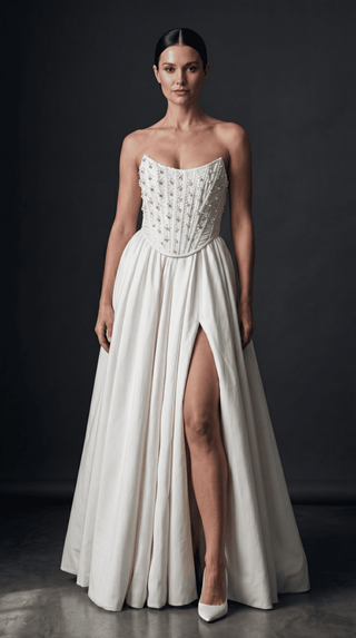 Handmade beaded corset with a long, fluffy skirt with a slit