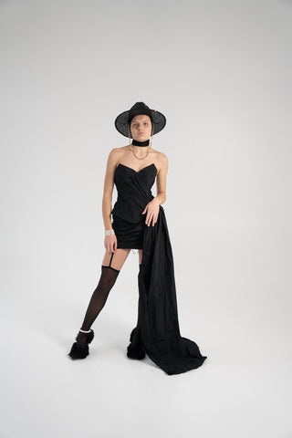 Elegant Coral Taffeta Corset with Side Tail, Luxurious Black Taffeta Corset for Unique Looks
