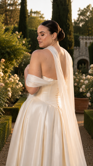 Plus Size. Wedding set with a lace-up corset with dropped sleeves made of chiffon and a fluffy A-line skirt with a long train and a loop for the arms