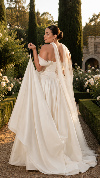 Plus Size. Wedding set with a lace-up corset with dropped sleeves made of chiffon and a fluffy A-line skirt with a long train and a loop for the arms