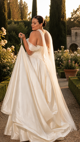 Plus Size. Wedding set with a lace-up corset with dropped sleeves made of chiffon and a fluffy A-line skirt with a long train and a loop for the arms