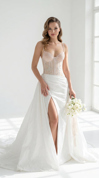 Delicate transparent corset with bird embroidery and textured skirt with train