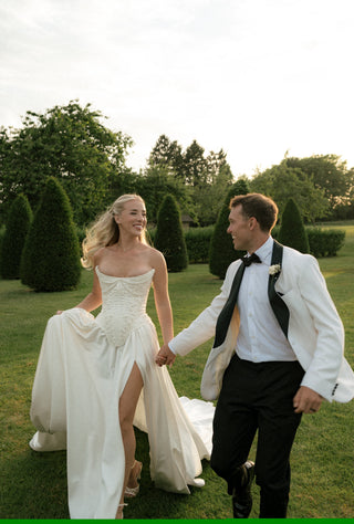 Ivory hand-embroidered bridal corset and satin skirt