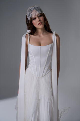 Bridal Wedding Set – Wide-Strap Bow Corset & Long Layered Skirt