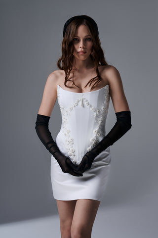 Wedding Set – Hand-Embroidered Corset with Mini Skirt & Gloves