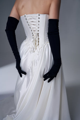 Elegant Strapless Bridal Set with Long Skirt and Gloves