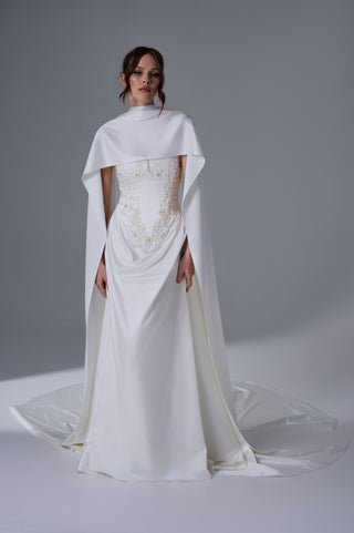 Bridal Wedding Set – Strapless Floral Embroidered Corset, Long Skirt & Scarf