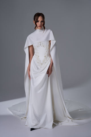Bridal Wedding Set – Strapless Floral Embroidered Corset, Long Skirt & Scarf