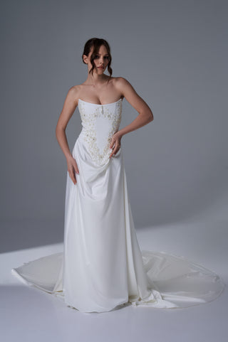 Bridal Wedding Set – Strapless Floral Embroidered Corset, Long Skirt & Scarf
