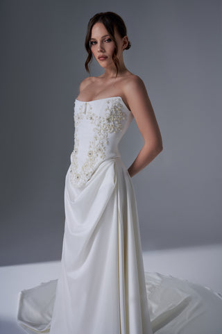 Bridal Wedding Set – Strapless Floral Embroidered Corset, Long Skirt & Scarf