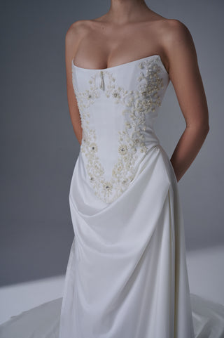 Bridal Wedding Set – Strapless Floral Embroidered Corset, Long Skirt & Scarf