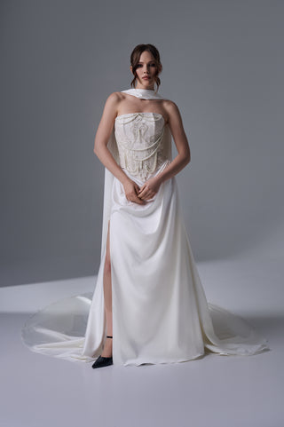 Ivory Corset Bridal Gown: Hand Embroidered Satin Skirt - Custom Sizes