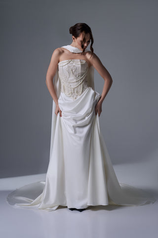 Ivory Corset Bridal Gown: Hand Embroidered Satin Skirt - Custom Sizes